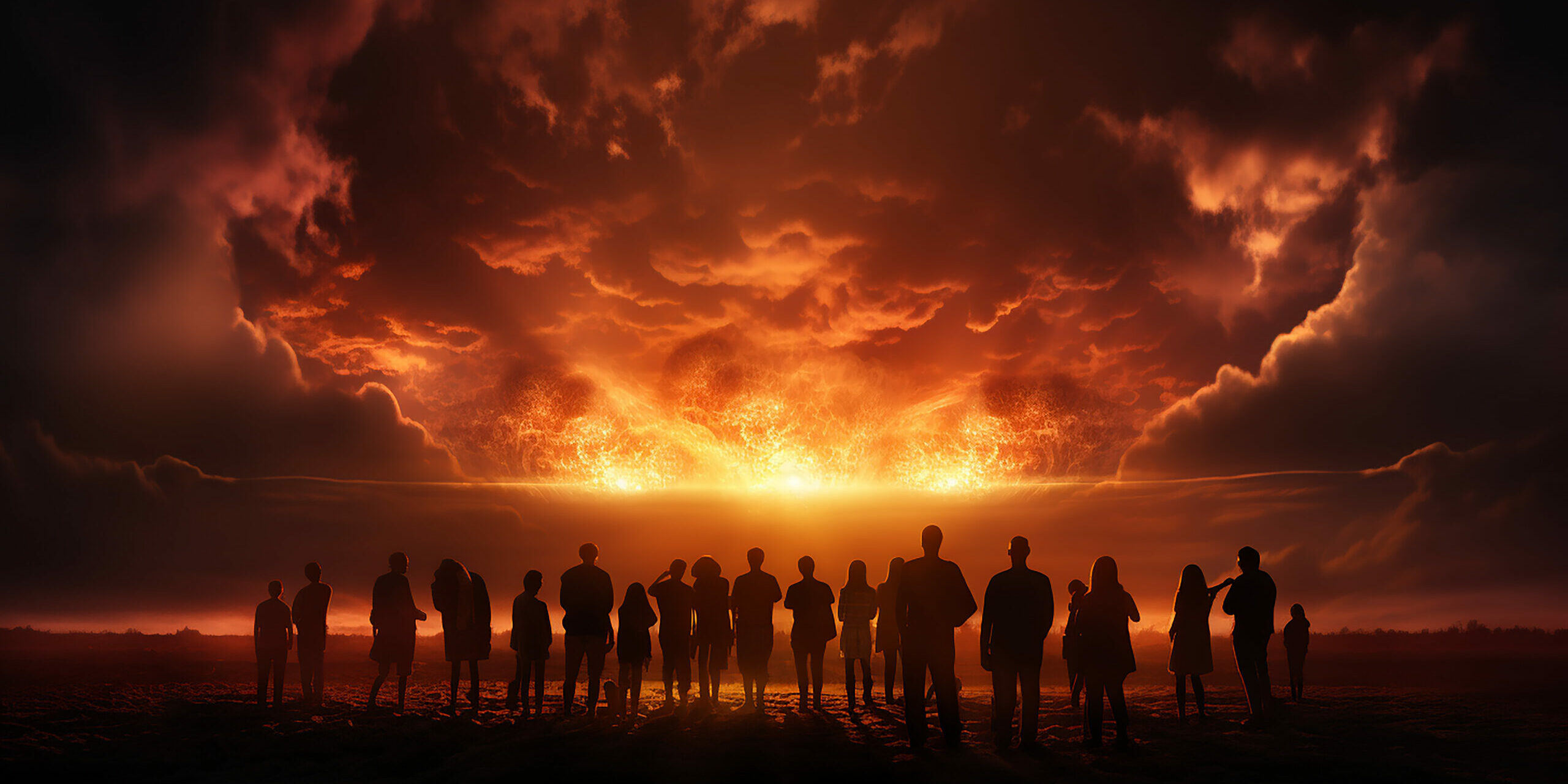 silhouettes of a group of people against the background of a nuclear explosion on the horizon, abstract fictional graphics, apocalypse threat of destruction concept